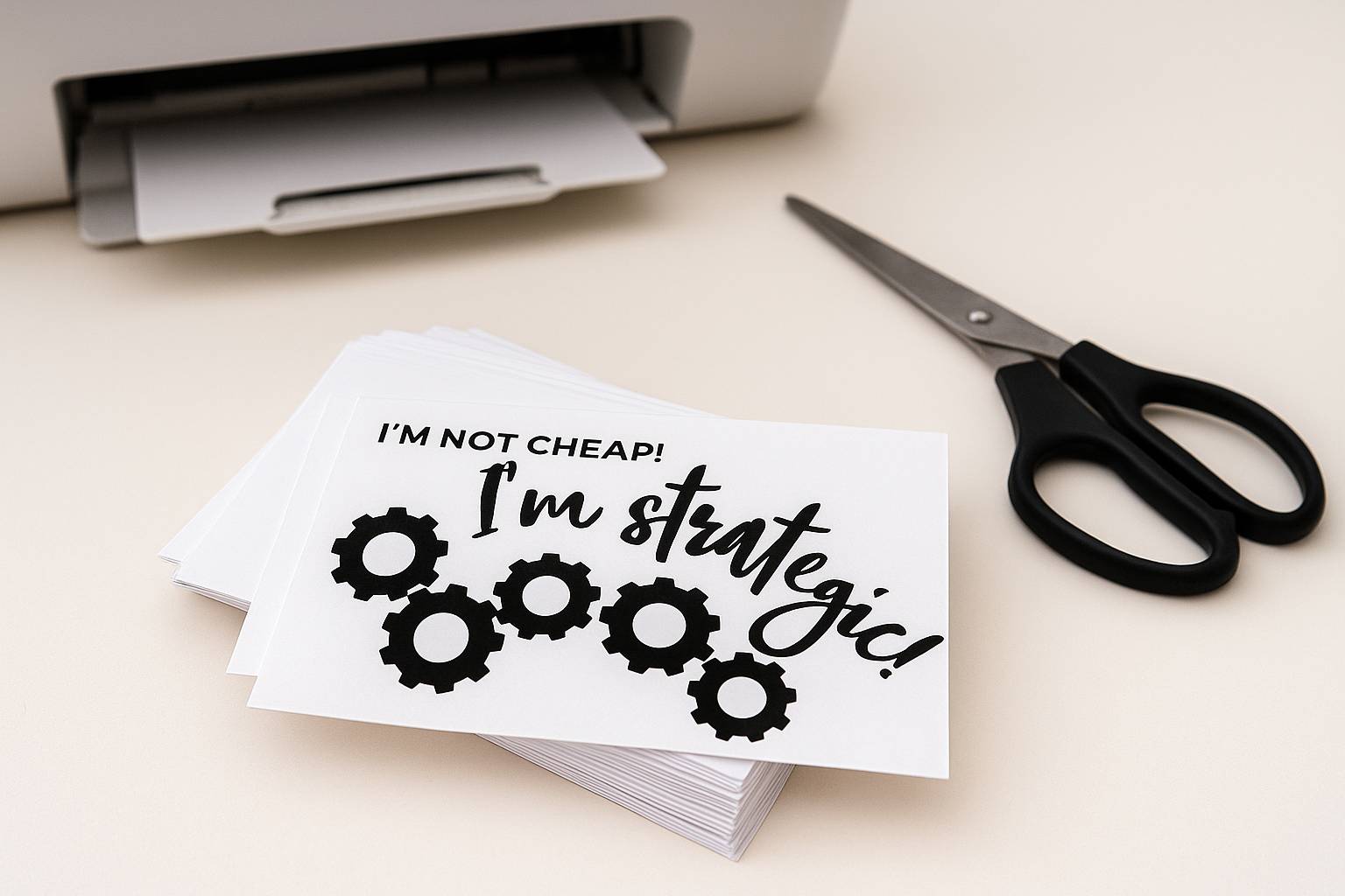 Stack of landscape Sanctified Sass cards on cardstock beside a printer and scissors.